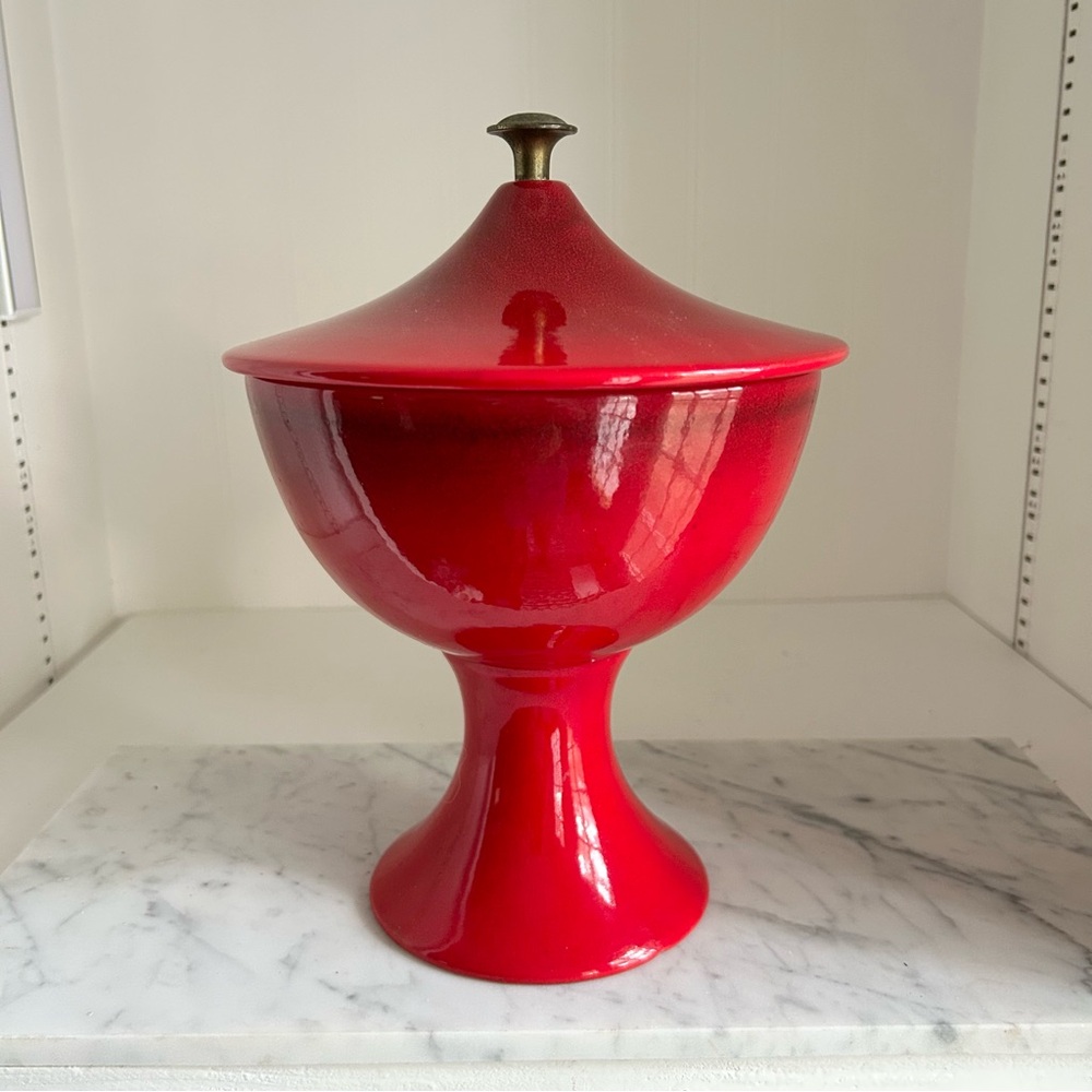 Vintage MCM Atomic RARE Red Royal Haggar Lidded Pedestal Vase Dish